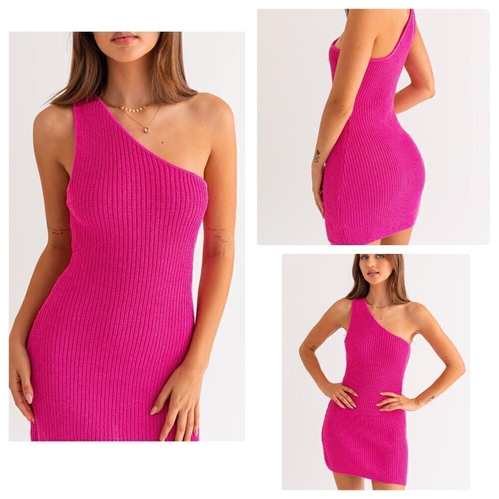 NWT Le Lis Barbie Pink Crochet Knit One Shoulder Mini Bodycon Sweater Dress LG